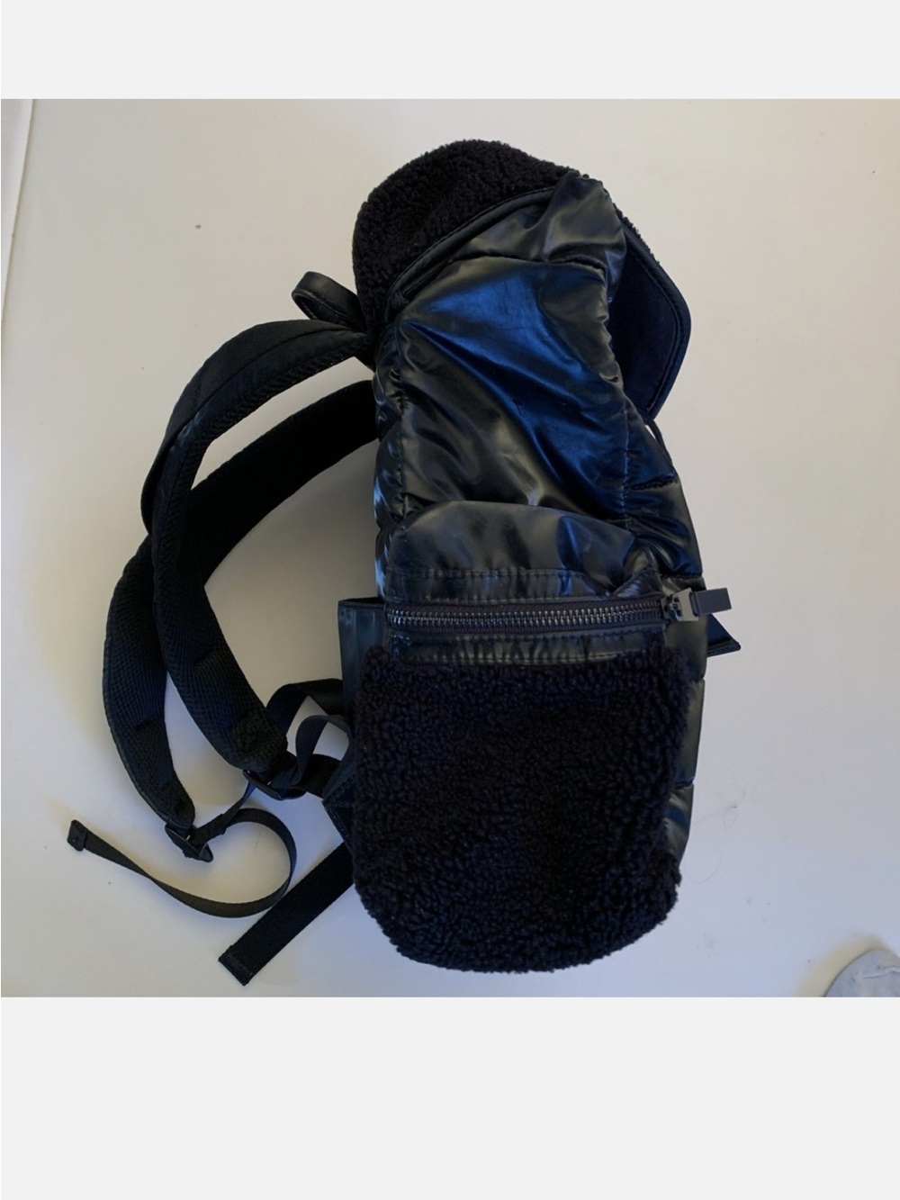 Pajar Glossy Shearling Black Puffer Backpack with Sherpa Trim - Picture 3 of 8